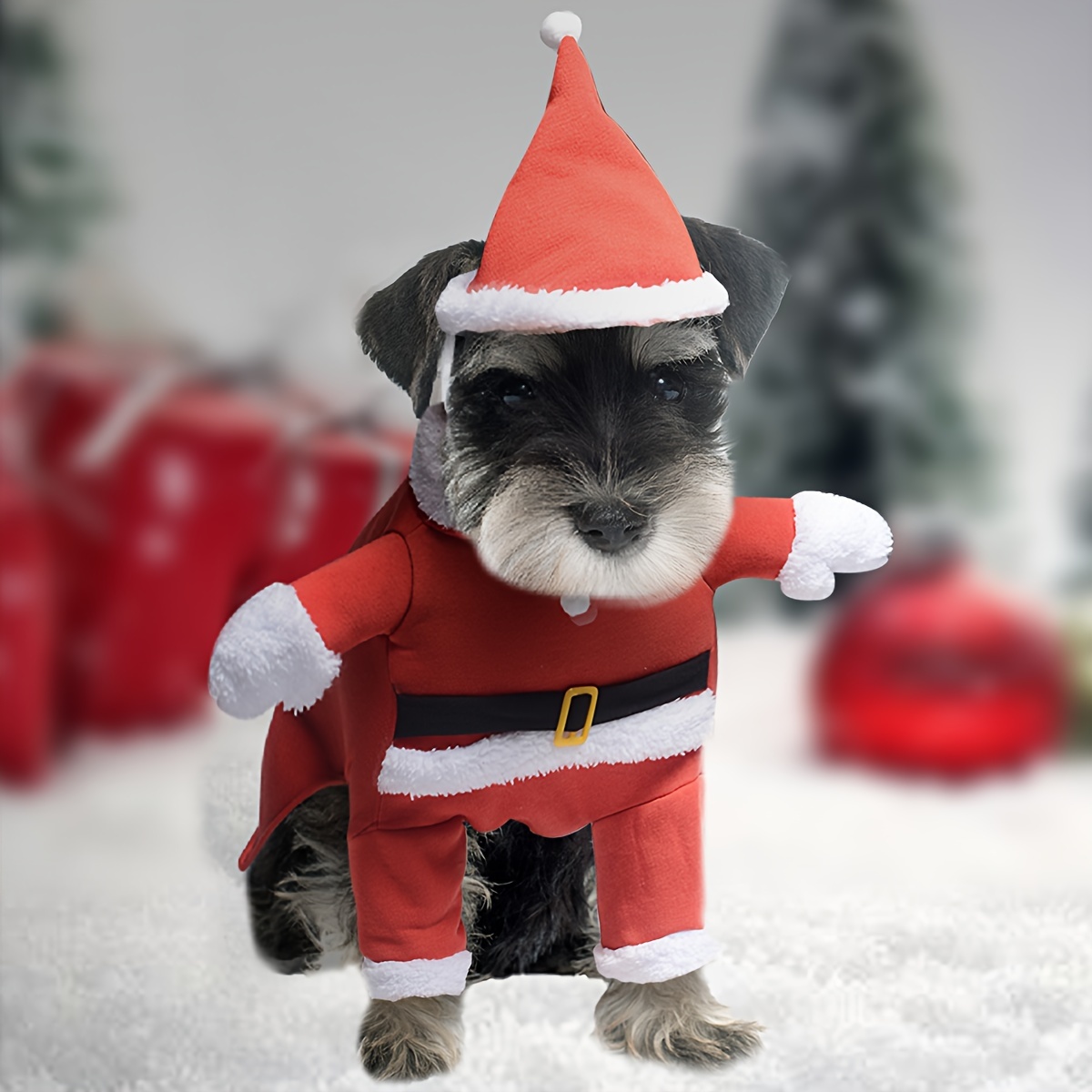 

Winter Pet Santa Claus Costume With Hat - Warm For Small Dogs, Polyester Jumpsuit With Fluffy Trim, Christmas Celebrations, Christmas Pet Outfit|holiday |polyester Pet Outfit, Dog Christmas Clothes