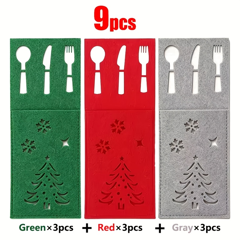 TEMU Juego de 9 piezas, bolsa para cubiertos de Navidad, de almacenamiento de utensilios de fieltro , con adorno decorativo recortado de árbol de