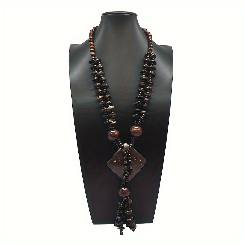 Boho Vintage Coffee Wood Bead Necklace with Pendant