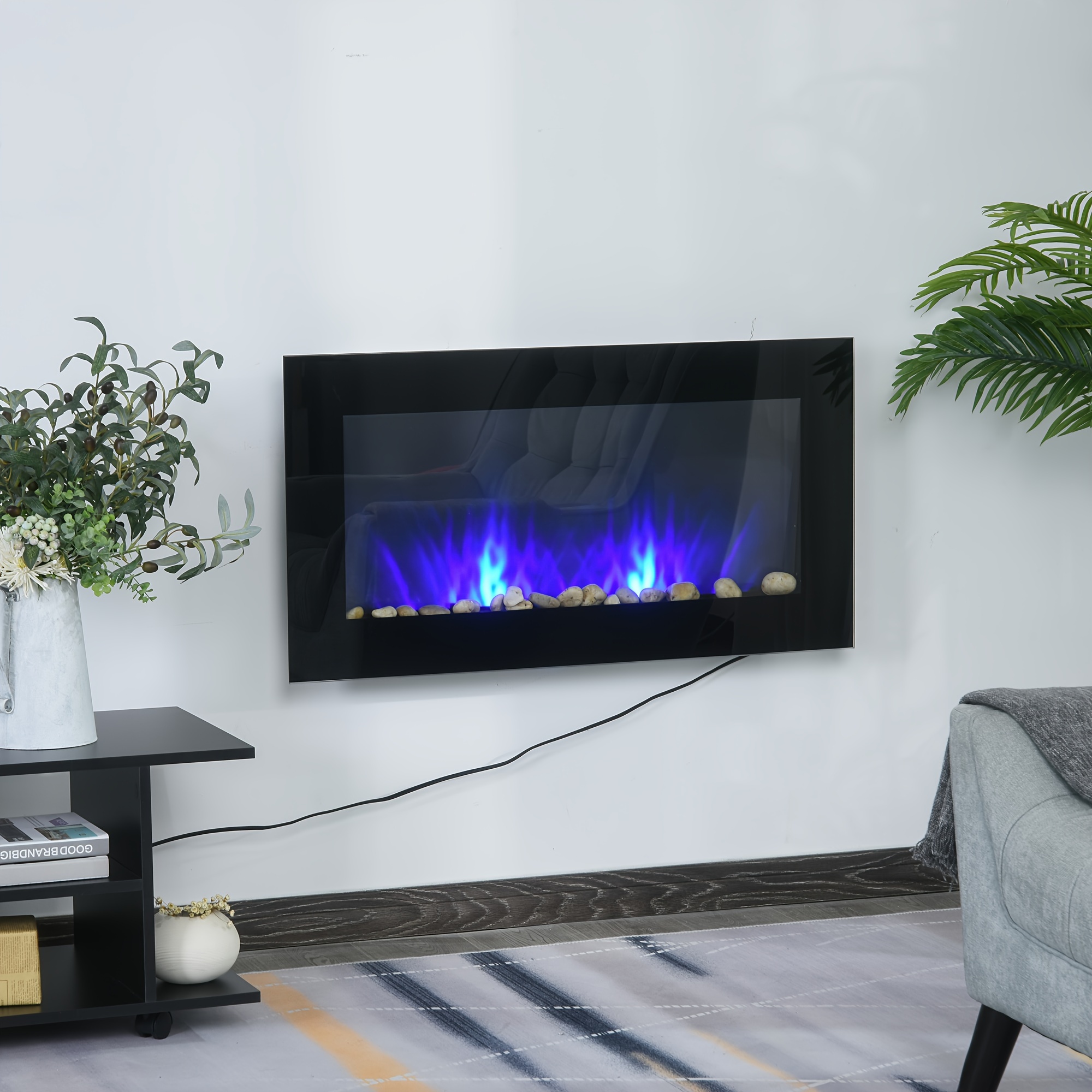 

Homcom 36" 1500w Electric Wall-mounted Fireplace With Flame Effect, Background Light And Side Light, Black