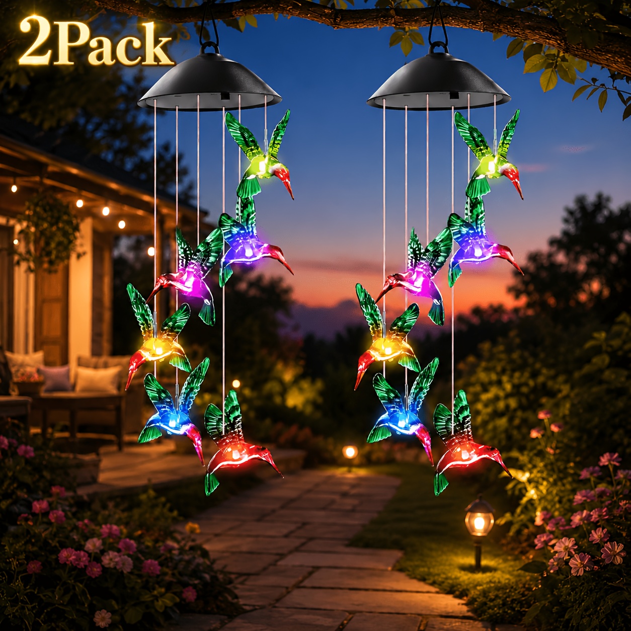 TEMU 1/2 Pack Solar Wind Chimes, Color Changing Wind Chimes Hummingbird/, Gifts For Women, Solar Lights Outdoor Wind Chimes For Outside Garden Yard