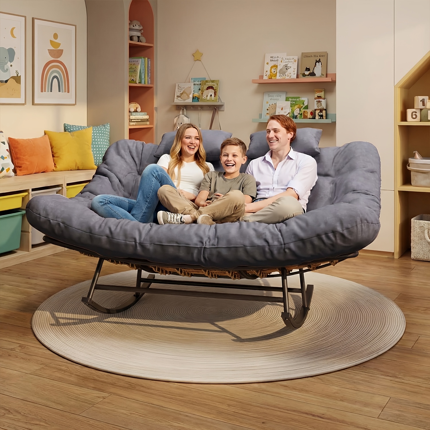 Large Papasan Rocking Chair, Double Rocking Chair with Thick Cushions And Rattan Frame, Oversized Lounge Chair for Nurseries, Suitable for Rooms, Living Rooms, Bedrooms, And Apartments (Gray)