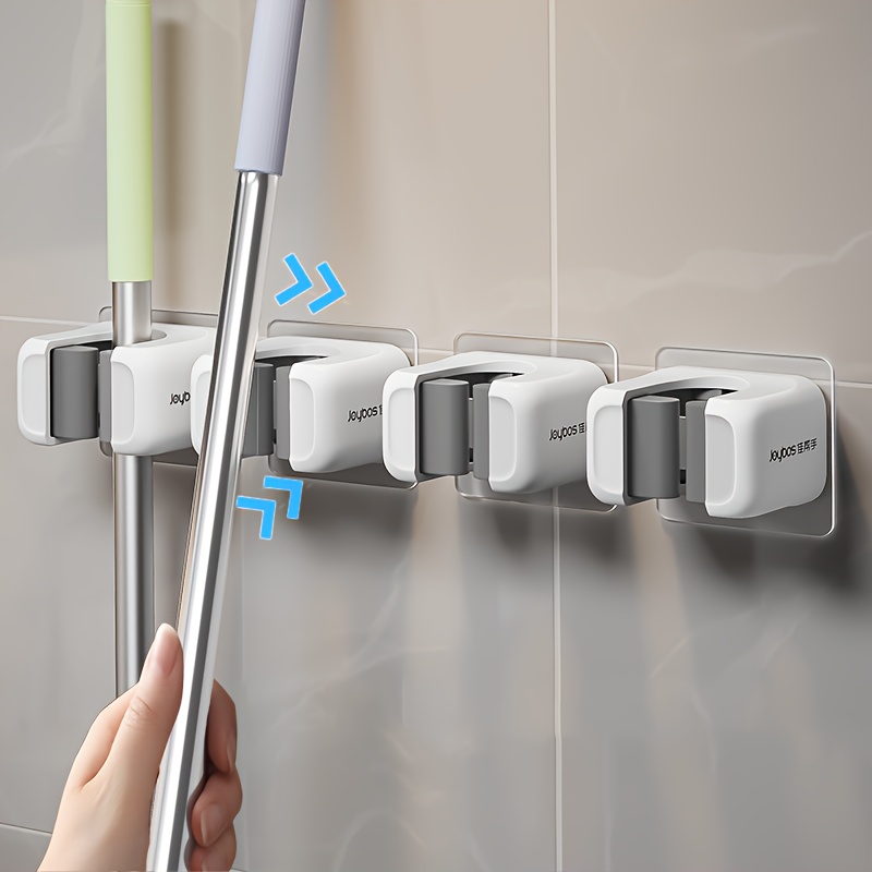 4pcs Wall-Mounted Mop & Broom Holder with Self-Adhesive/No-Drill Installation - Heavy-Duty Plastic Mop Organizer Clamp & Broom Clip Rack, Space-Saving Vertical Storage for home, Kitchen, Bathroom (No Screws/ DIY) - Modern Cleaning, Utility Hooks