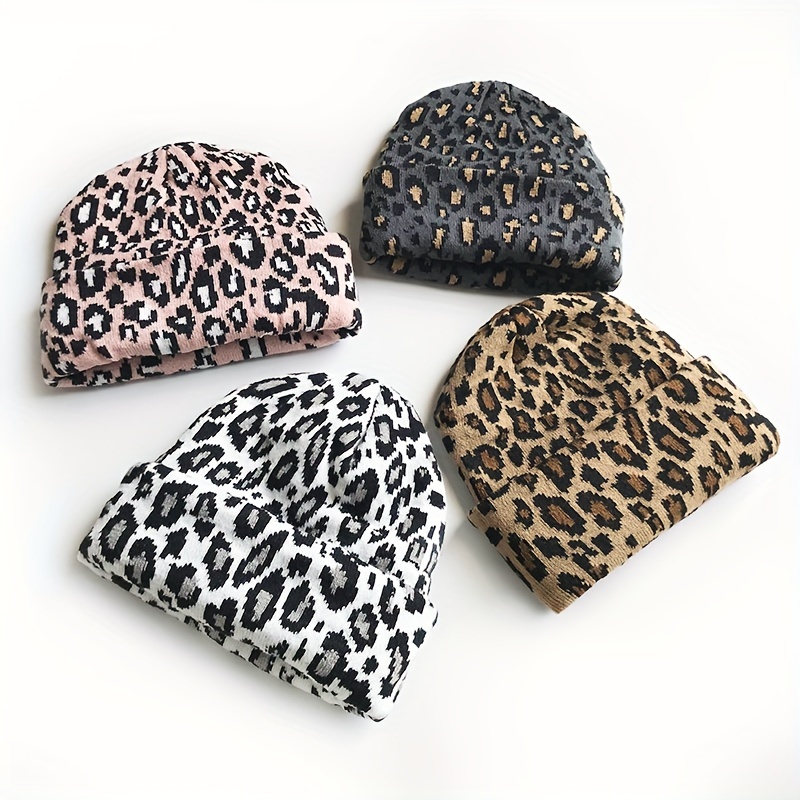 

Animal Print Knit Beanie Hats For Women - Acrylic, Lightweight, Hand Wash Only - Cartoon Leopard Pattern, Non-stretch, Warm Fall/winter Ear-protection Caps - Knitted Fabric, Fashionable Vintage Style