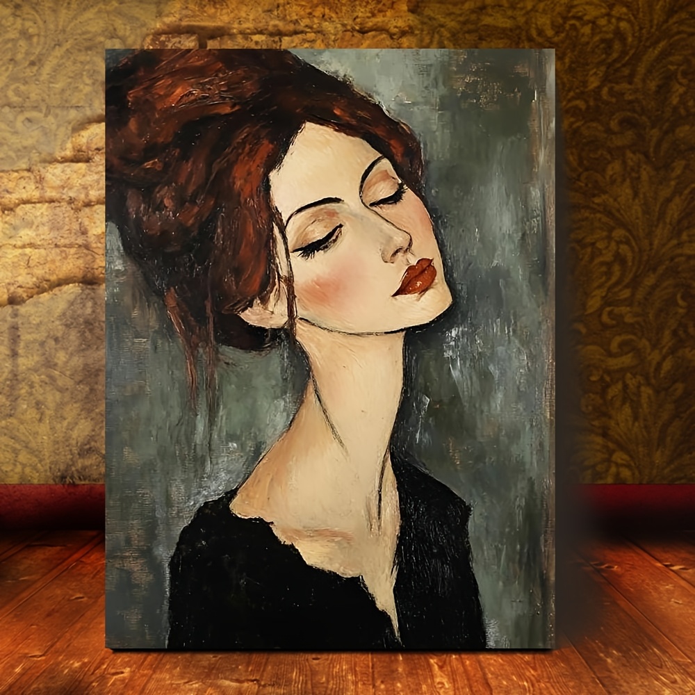 TEMU bidimensionale su tela, 2D, 1 pezzo - una rappresentazione contemporanea di una giovane donna con capelli marroni-rossicci, rosse e allungato -