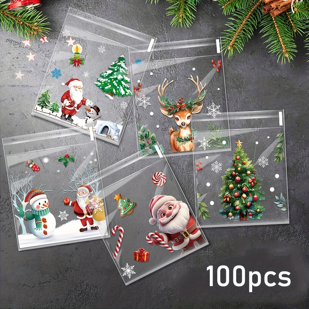 Image of 100-pack New Five-in-one Christmas Snack Candy Opp Transparent Self-adhesive Bags For Holiday Party Chocolate Cookie Gift Packaging