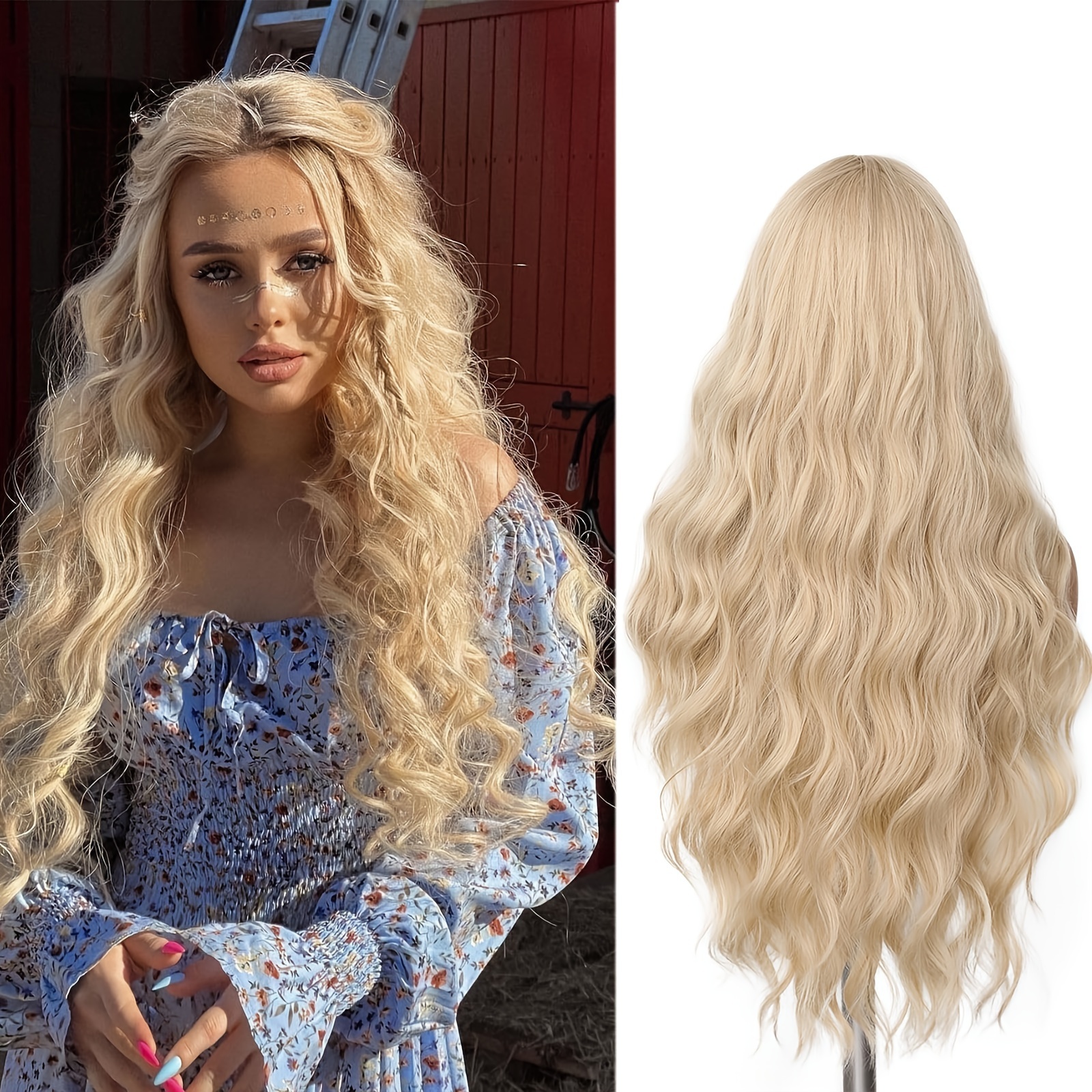 TEMU Elegant Golden 28-inch Body Wave Curly Wig For Women - High Density, Heat Resistant Synthetic Hair With Natural - , Parties, And