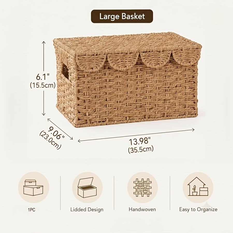 TEMU 1/2 pcs Paniers de rangement tissés en corde de papier avec couvercles, de rangement à couvercle festonné avec poignées, Boîtes décoratives de