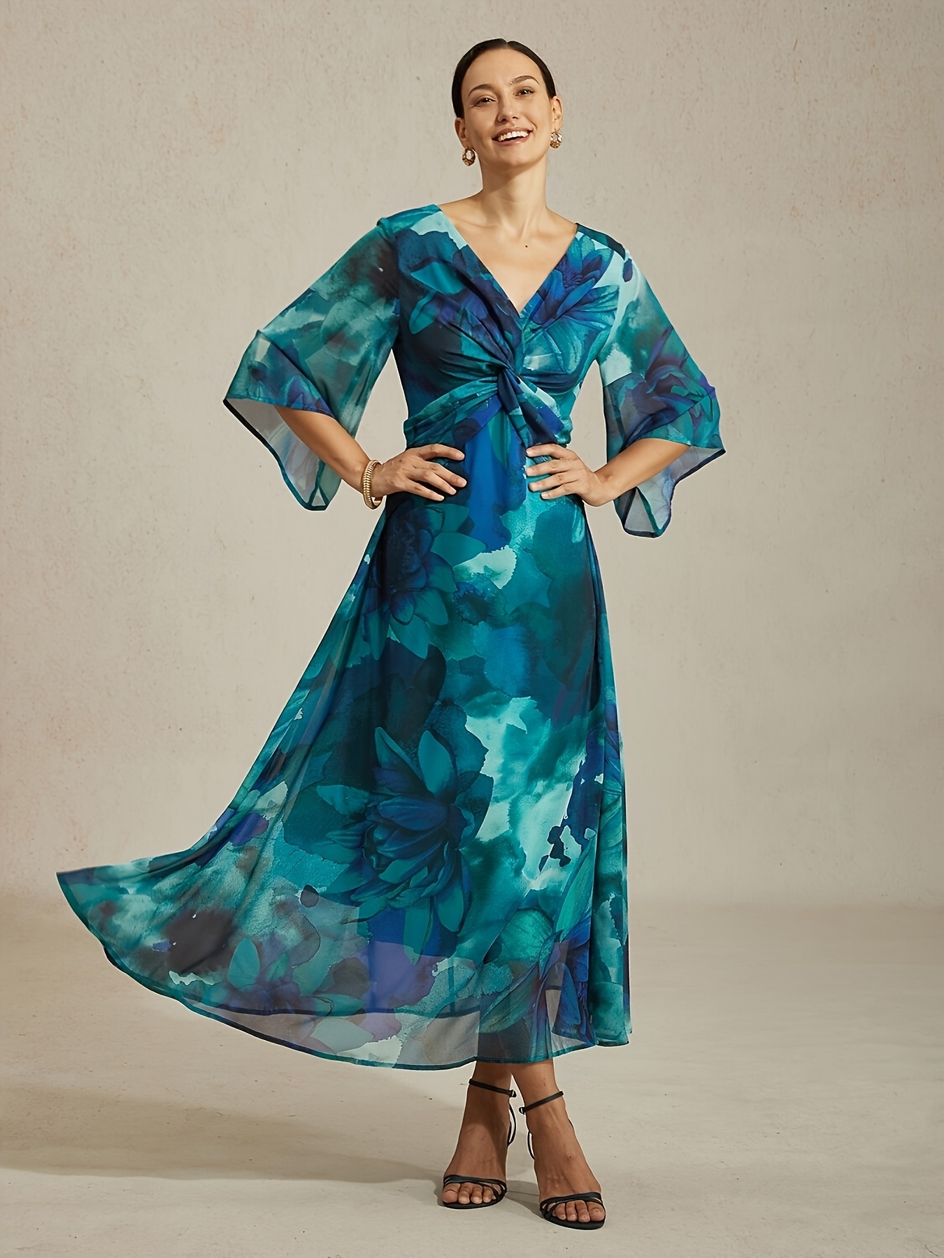 dark green floral dress for wedding WEDTREND Women Green Large Flower Maxi Dress with Short Sleeves A Line V  Neck Chiffon Bridesmaid Dress main image 1