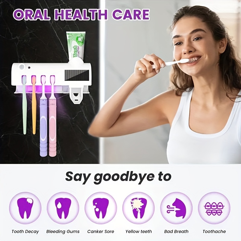 1pc toothbrush uv wall mounted 4 slot toothbrush smart disinfection and toothpaste dispenser solar panel toothbrush wall mounted bracket smart disinfection bathroom accessories details 6