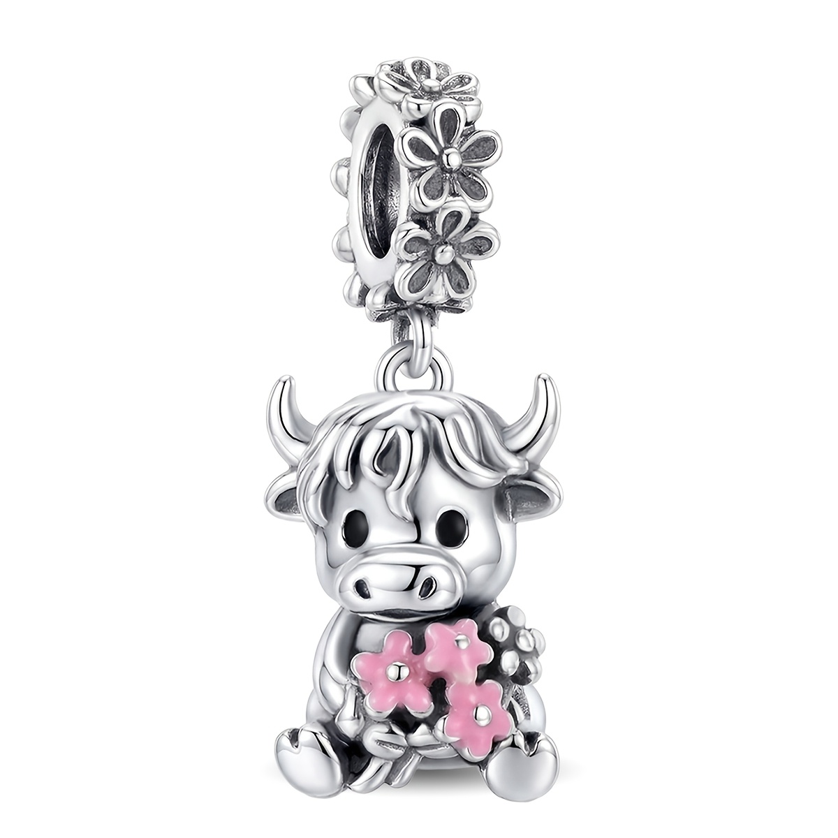 TEMU 1pc Bouquet Cow Beaded Pendant Women's Jewelry, 925 Silver Plated Pendant Suitable For Bracelet And Necklace, Spring And Summer Jewelry Making