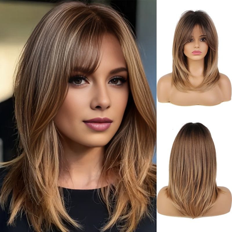 

Middle Long Straight Hair Brown To Blonde Wig Synthetic Wigs Heat Resistance Hair With Side Bangs Wigs For Women