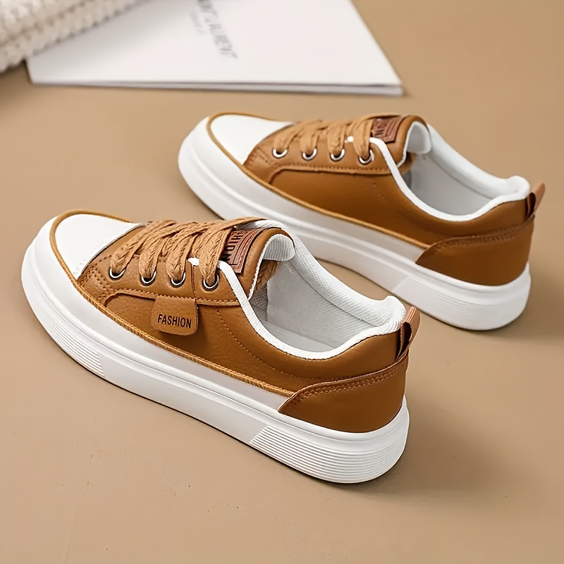 TEMU Women's Casual Flat Sneakers - Lightweight, Lace-up, Low-, White, Khaki And Black, Rubber Soft Sole, Fashionable Student All-, Cute And Versatile Shoes, Women Shoes