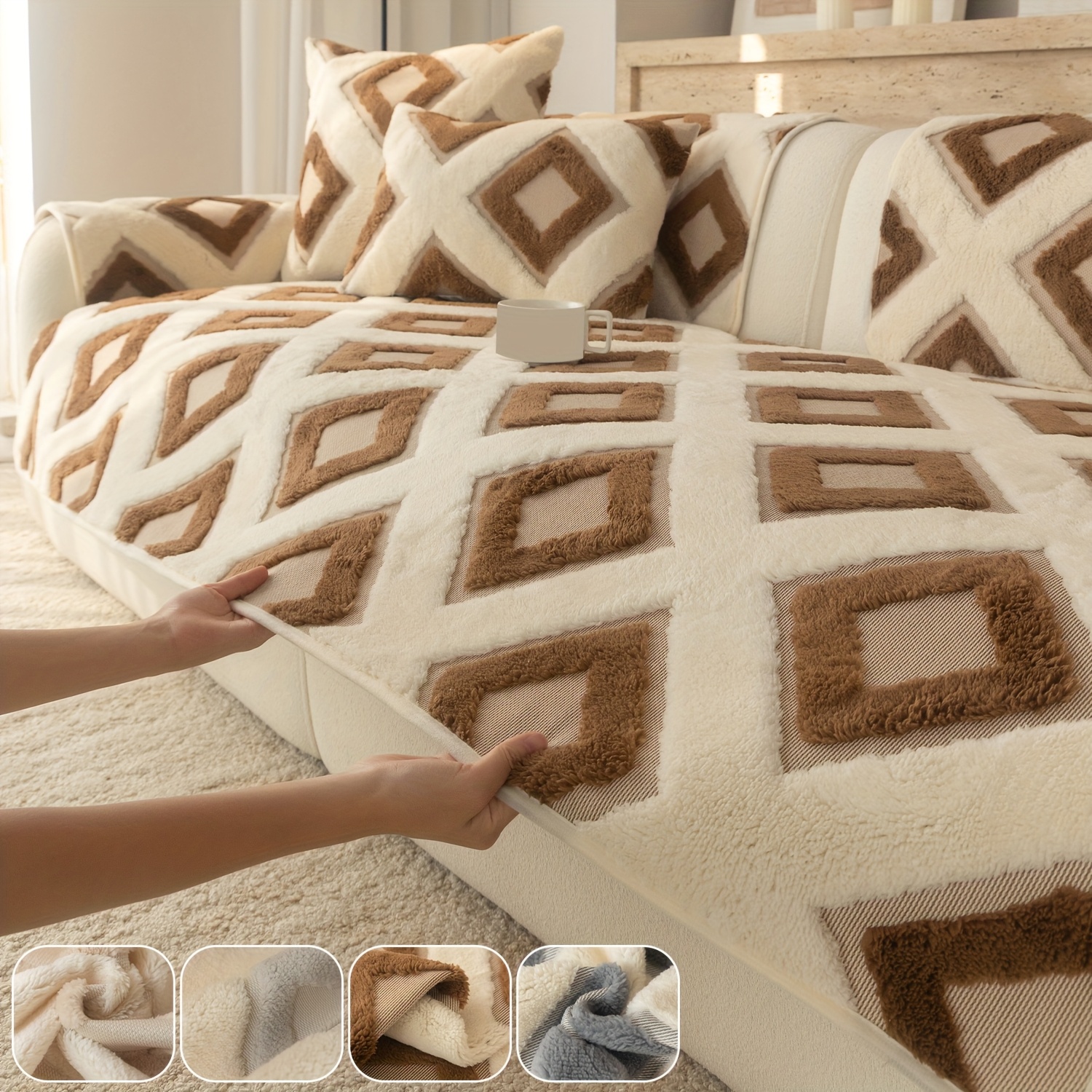 1pc bohemian thick plush sofa cushion multi color diamond quilted non slip pet friendly machine washable fits 1 4 seater sectional sofas
