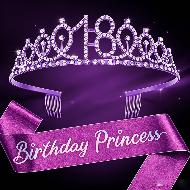 TEMU Cadeau de 18e anniversaire pour princesse, ensemble couronne violette et écharpe décorative, tenue de fête d'anniversaire du 18e anniversaire