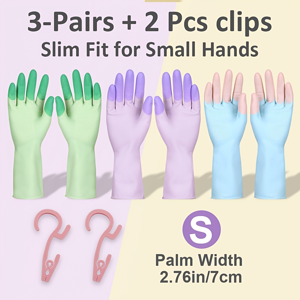 TEMU 3 Pairs + 2 Clips - Household Cleaning Gloves, , Latex, Soft And Comfortable, Reusable, Suitable For Small Hands, Non-slip Fingers, Suitable For