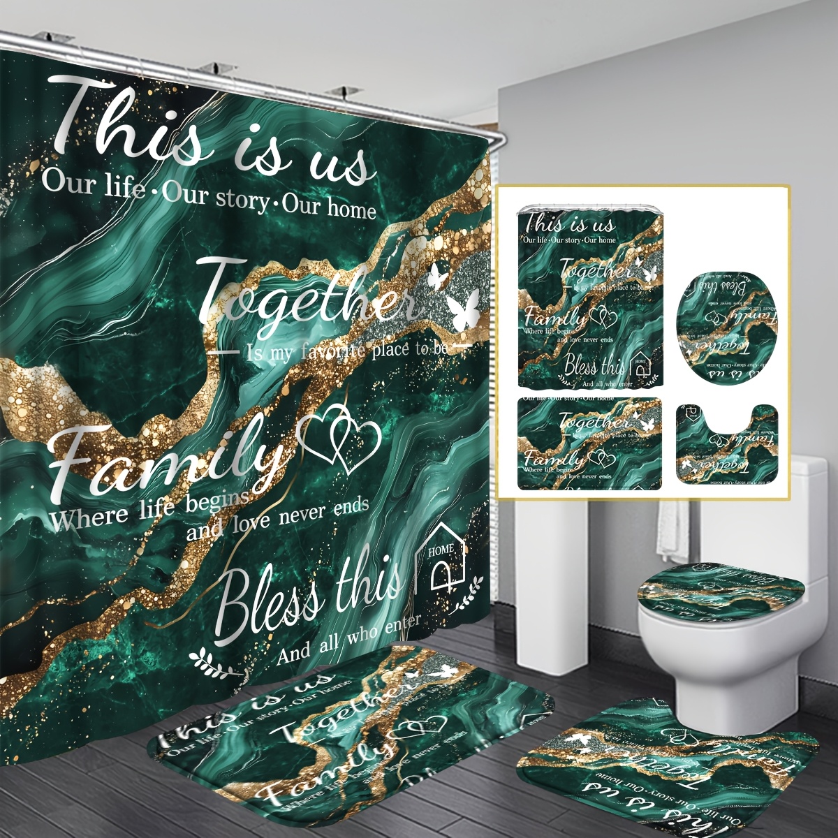 TEMU 4pcs Family Shower Curtain Set, Luxury Marble Bathroom Sets Full Set, Shower Curtain With, Includes 12 Hooks, Toilet Lid Cover, Non-slip