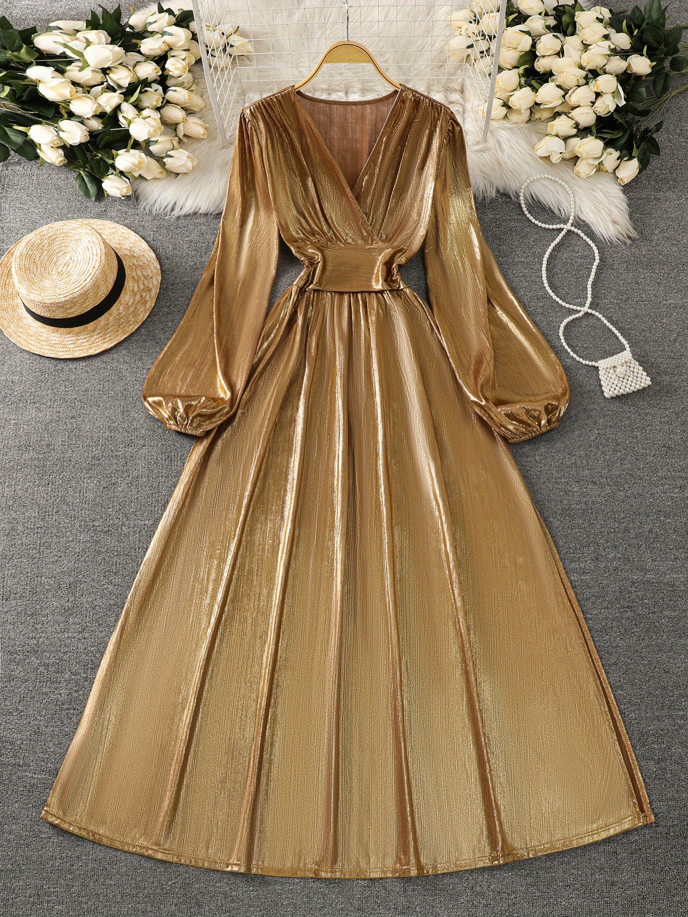 long sleeve gold satin dress Long Sleeve Formal Glitter Evening Prom Dress main image 1