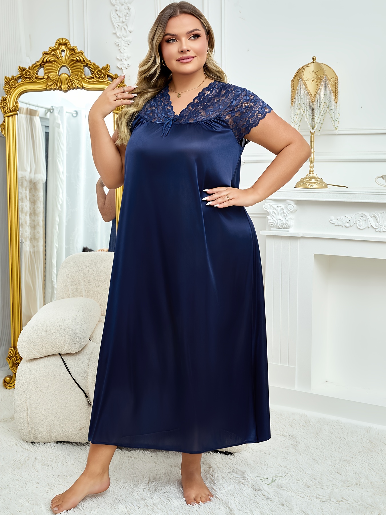 Plus Size * Sleep Dress, Women's Satin Bow Contrast Lace Cap Sleeve V Neck  Nightdress