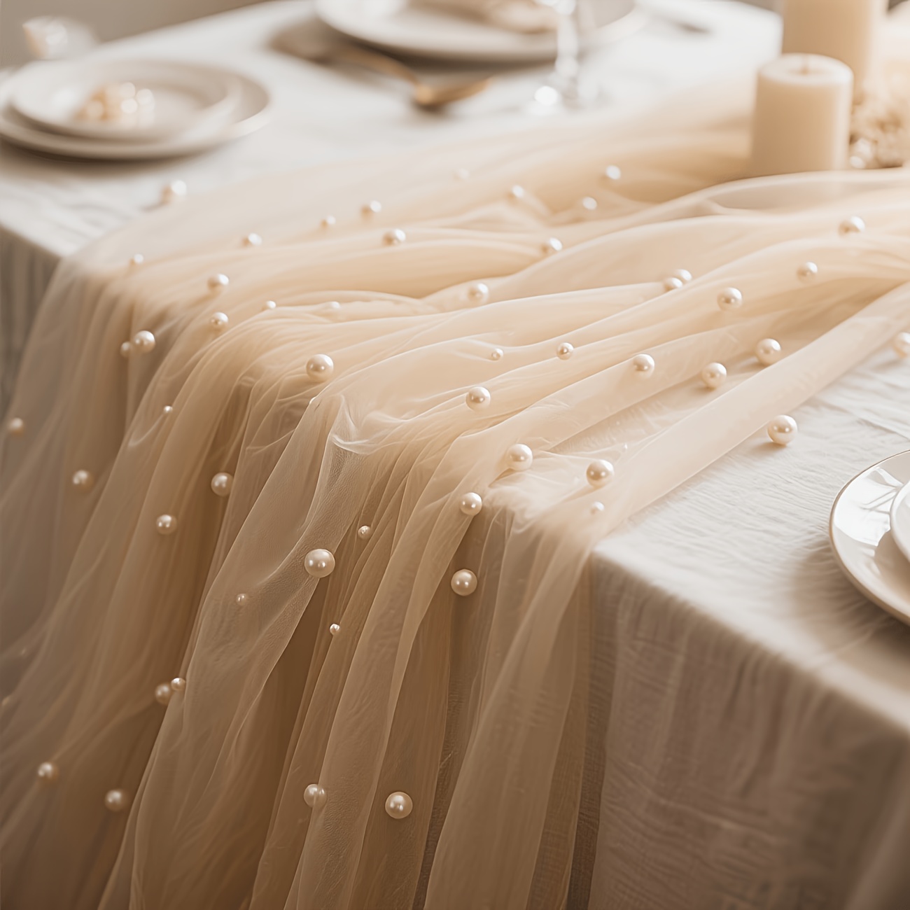 TEMU 1pc 29.92" X 118.8" Pearl Lace Table Runner - Wedding Kids' Party Decoration/bohemian Tablecloth/dessert Table Sheer Curtain, Pearl Tulle