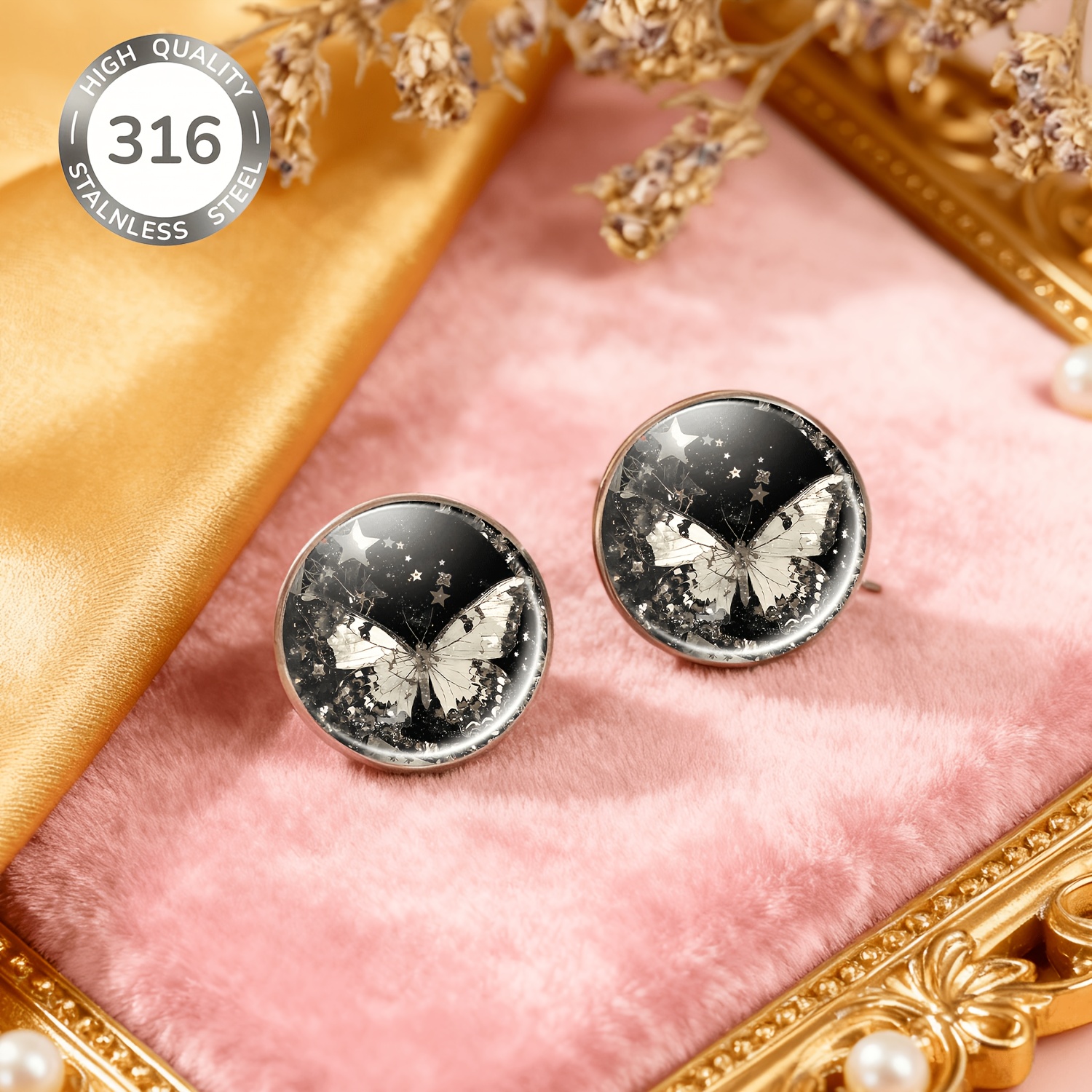 2pcs Night Sky & Butterflies Stainless Steel No-Drill Stud Earrings