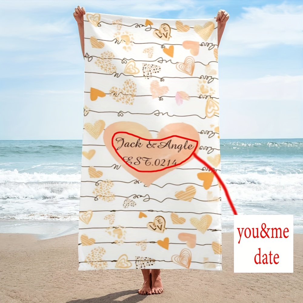 

Customized Personalized Valentine's Day Beach Towel, Oversized Beach Towel, Romantic Heart Shaped Beach Towel For Couples Women Men