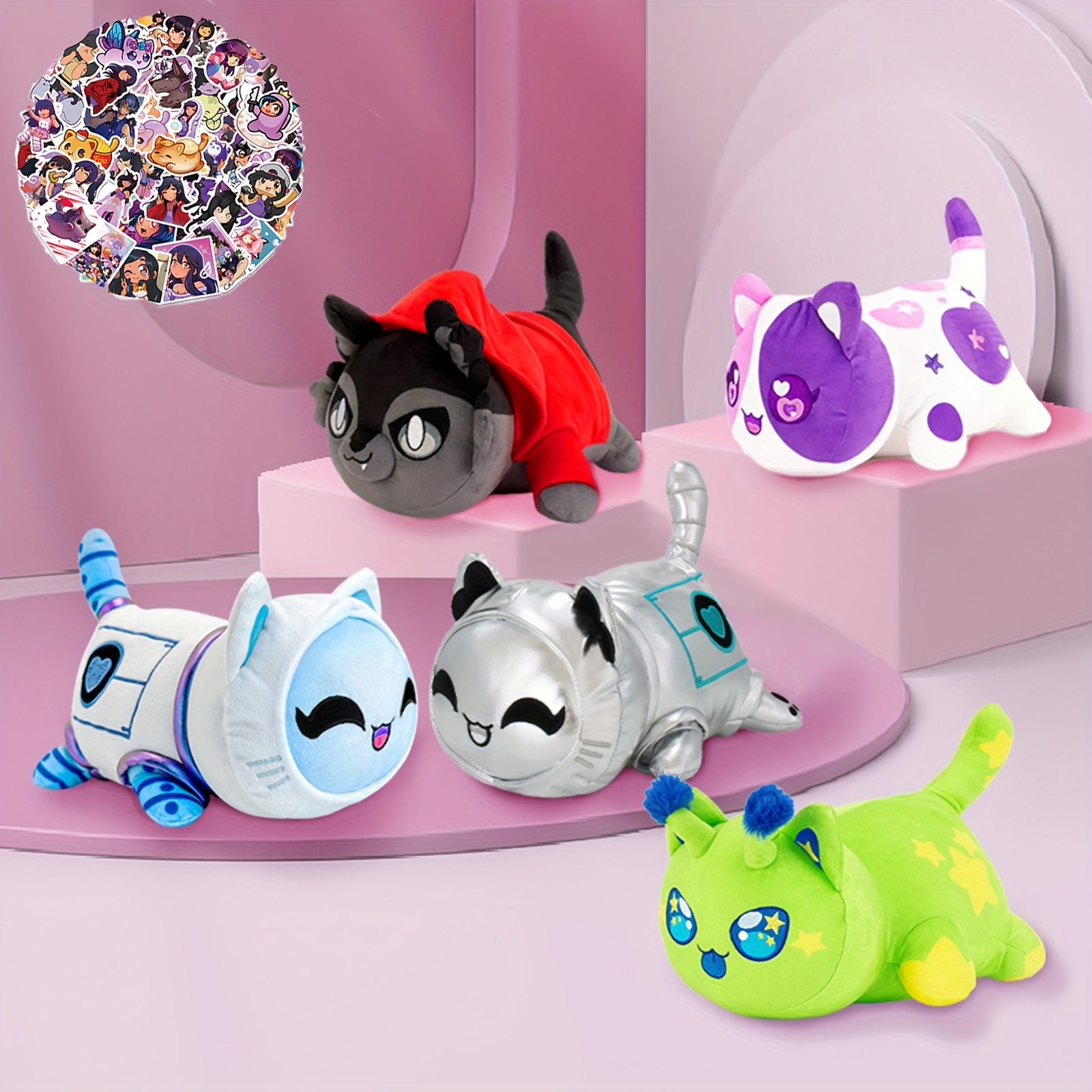 

61-pcs 11-inch Meow + 60- Stickers - 100% Embroidered Plush - Cat Stuffed (aplushuman Alien Metal Robots Cat)