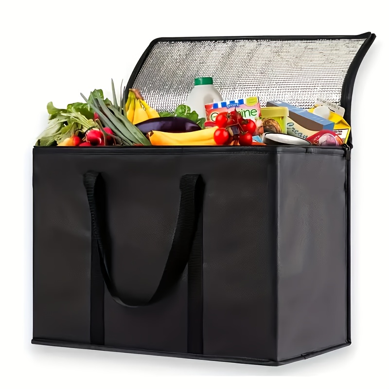 XXXL Insulated Reusable Shopping Bag - Large Thermal Food-Safe Cooler Tote with Sturdy Handles, Durable Black Grocery Bag for Camping, Picnics, Outdoor Activities & Holiday Gifts (Christmas, New Year), Insulated Bag, Reflective Thermal Lining