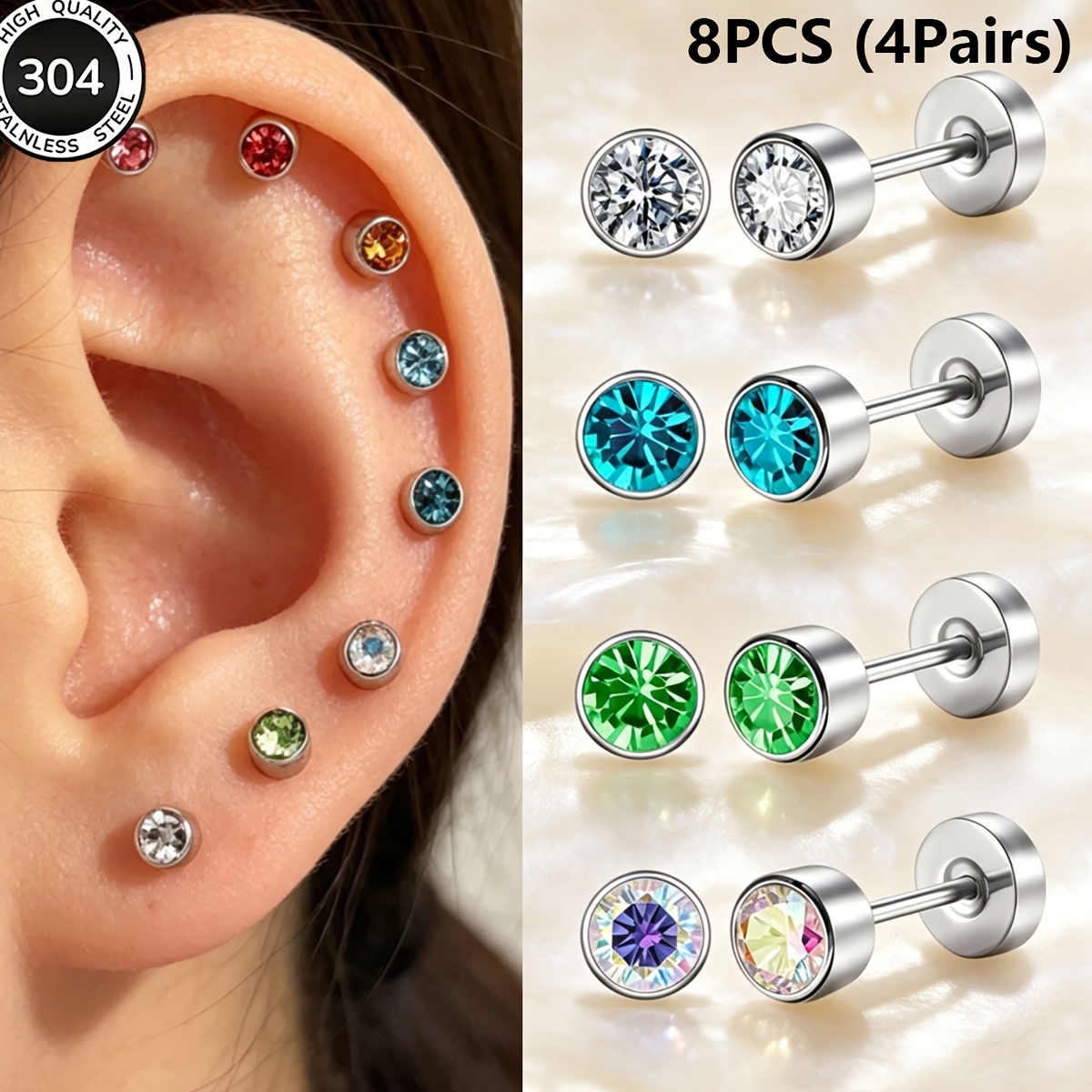 TEMU Lot de 8 pièces (4 paires) de clous d'oreille à visser en acier inoxydable pour oreillette, avec synthétique ronde. Sécurisés pour un port ,