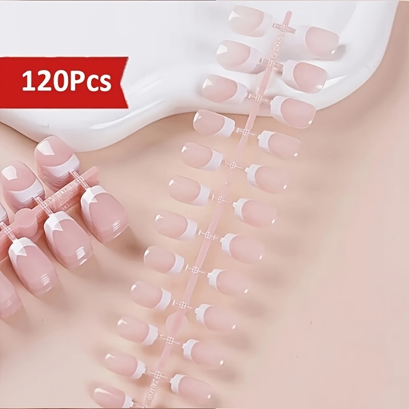 Image of 120pcs/set Short Pink White Tip Fake Nails - Short Square Nude Color Classical Fake Nails Full Wrap Nail Art Tips For Daily Wear, Suitable For Professional Nail Salon And Home Diy Nail Art