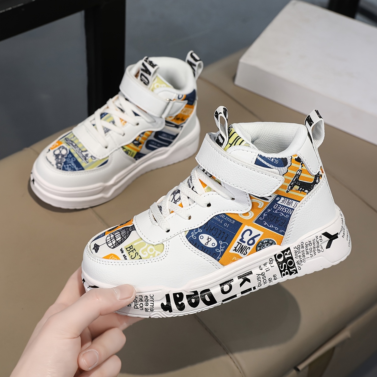 Youngsters' Comfortable Mid-Top Sneakers with Closure, Colorful Random Print Design, Breathable PU/Fabric Upper & EVA Cushioned Sole - All-Season Casual Shoes for Boys & Girls, School, Outdoor Play & Daily Activities, Kid Shoes, School Footwear, Stylish Stitching Details, Fabric Lined Interior