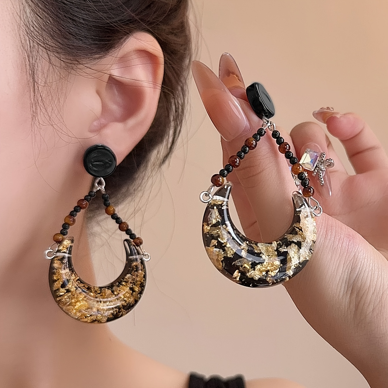 Women's Vintage Black & Golden Moon Beaded Dangle Earrings