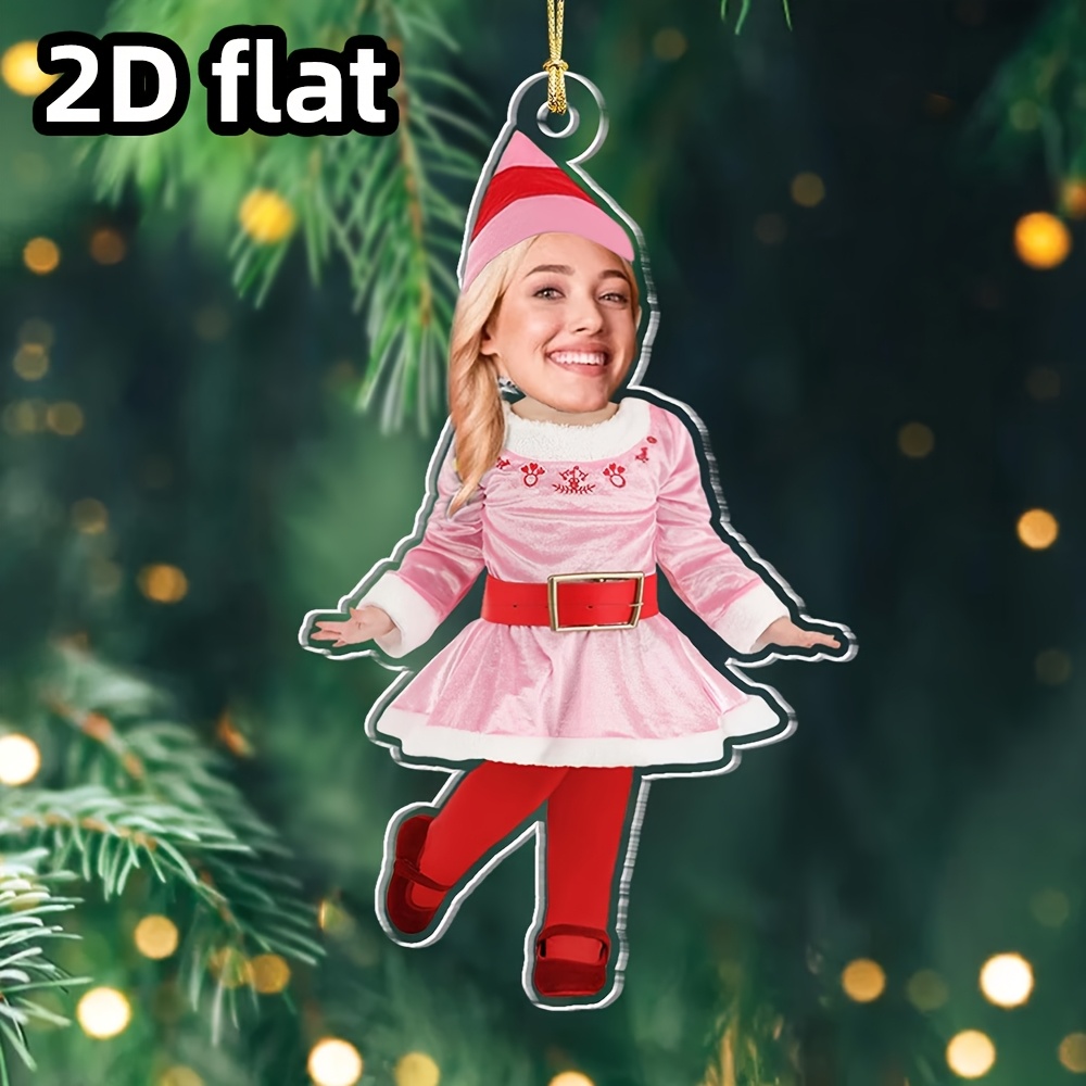 TEMU Custom Face 2d Flat Acrylic Christmas Ornament, Personalized Elf Photo Hanging Ornament, Customized Your Picture Xmas Tree Decoration, Funny