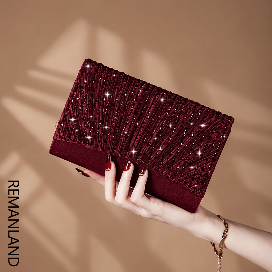 TEMU Elegant Solid-color Rhinestone Women's Evening Bag, An Exquisite Pleated Clutch With A Flap Design, A Perfect Wallet For Party Women. Very