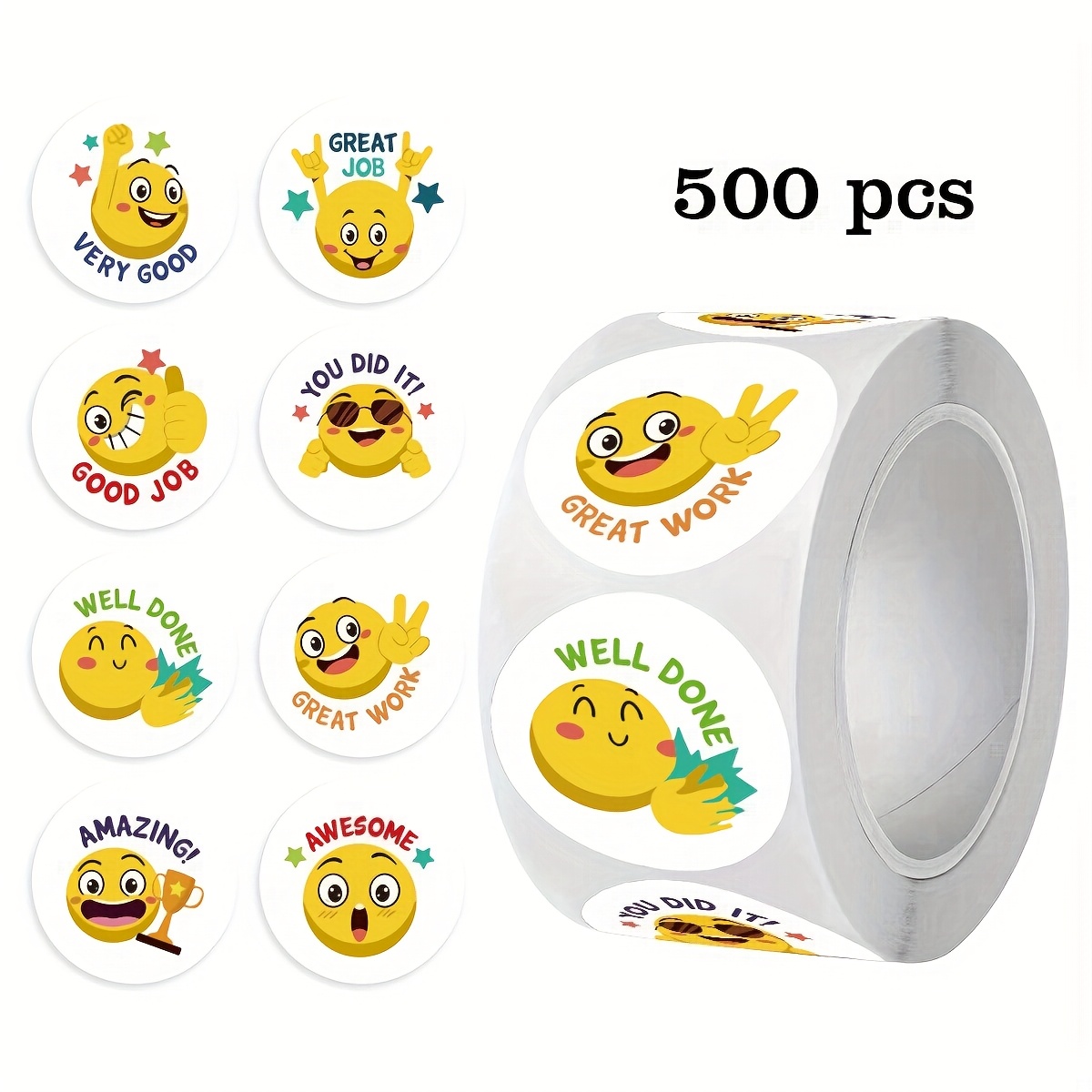 Image of 500 Sheets/roll Cartoon Yellow Stickers Praise And Encouragement Office Stickers School Supplies Suitable For Stationery Books Mobile Laptop Pc Safety Helmet Water Bottle Glasses Pvc Adhesive Stickers