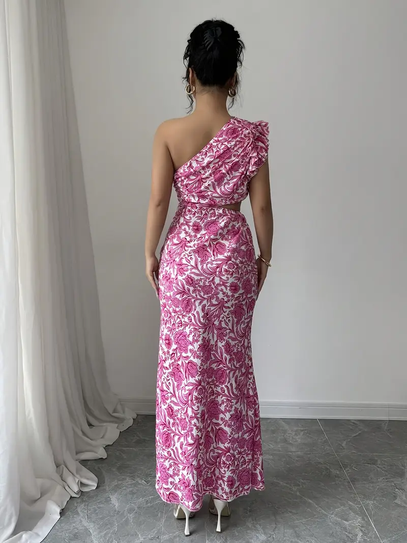 asymmetric ruffle floral printed one shoulder evening dress Long Print Ruffled Formal Dress: Mac Duggal 56120 Black Multi / 2