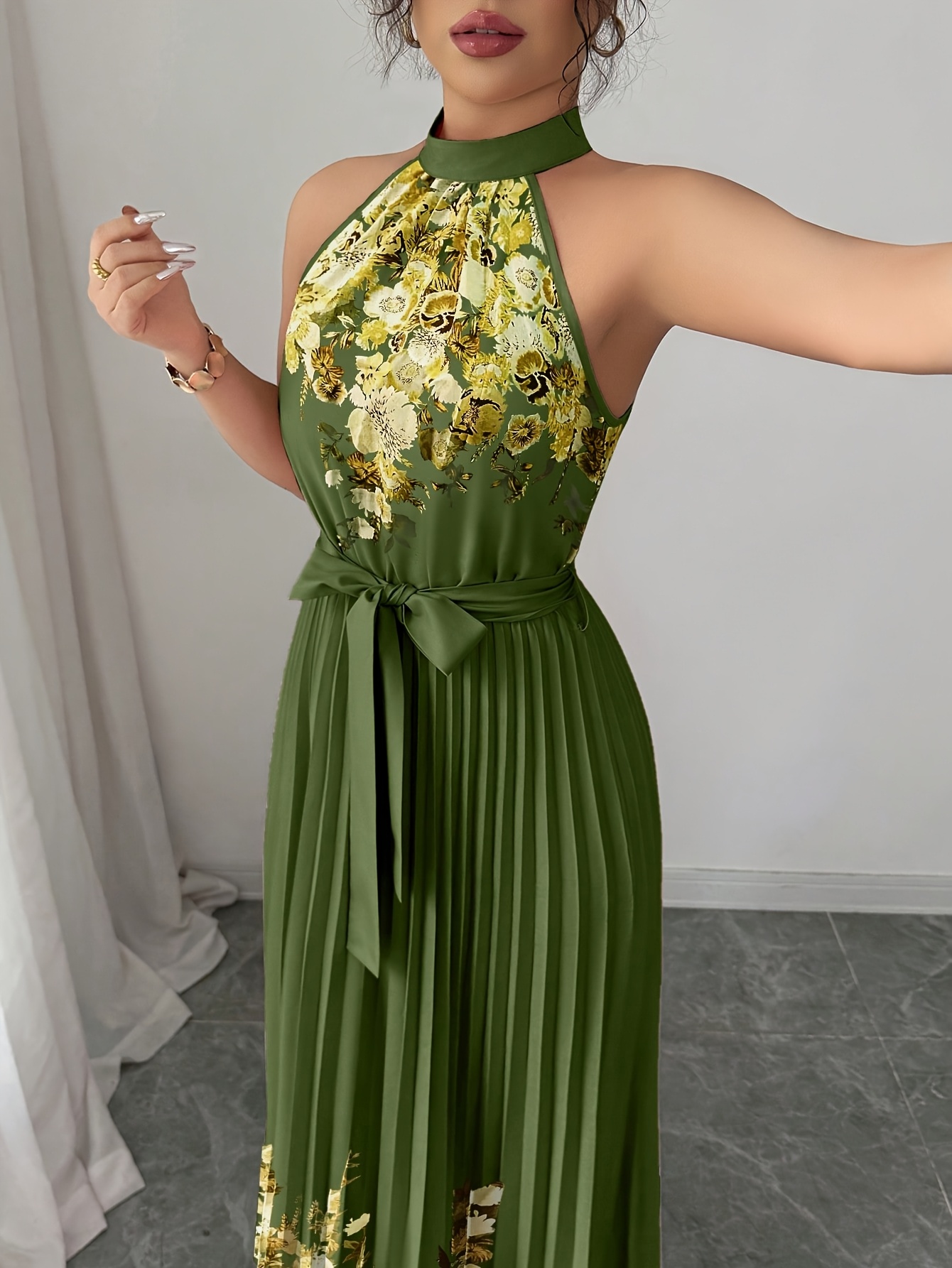 Fashionable New Women'S Summer Halter Floral Print Pleated Dress