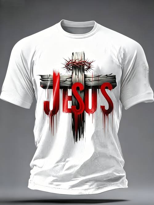mens christian cross short sleeve t shirt lightweight breathable crewneck top with 3 cross print round neck casual shirt suitable for spring summer fall wear machine washable christian apparel for church everyday outfits