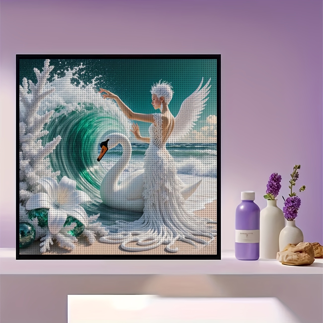 Printed Cross Stitch Kit 'White Winged Angel with Swan' for Beginners