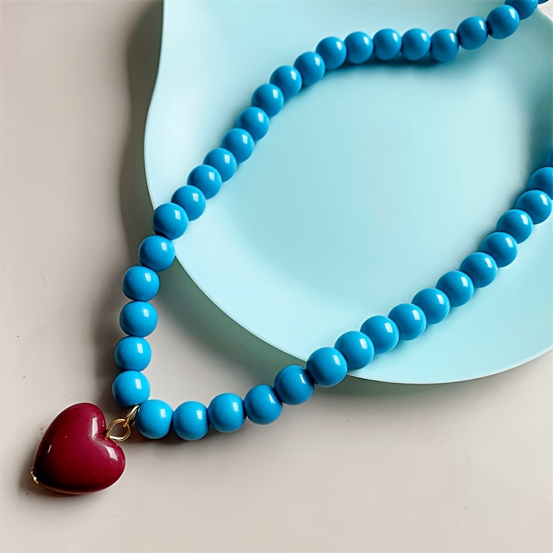 Image of Women's Necklace With Colorful Beads And Heart-shaped Pendant, Contrasting Macaron-colored Round Beads, Hand- Bohemian Style Short Neck Accessory