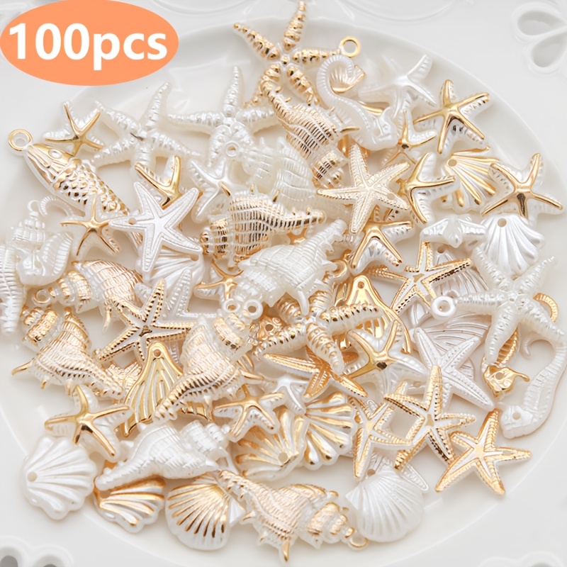 TEMU 100pcs Handmade Ocean Beads With Starfish, Conch Shell & Seahorse Tail Pendants - Making, Wedding Favors, Nautical Crafts Suitable For Beach