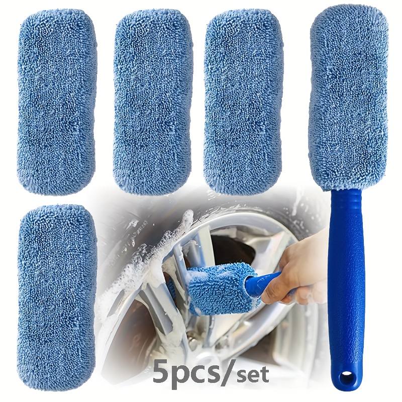 TEMU 5pcs/set, Microfiber Tire Brush With Long Handle And 4pcs Replacement Brush Heads, Tire Brush, Wheel Brush, Wheel Brush, Handheld Washing Brush