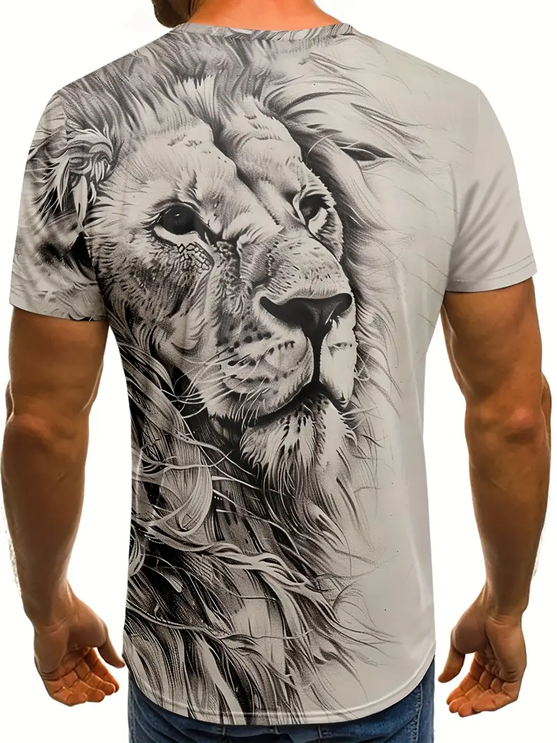 mens retro style cool lion pattern t shirt crew neck and short sleeve tee chic and stylish tops for summer street and sports leisurewear details 4