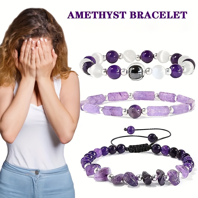 

Ensemble de 3 Bracelets en Améthyste Naturelle - Accessoire de Mode pour Tenue Décontractée & Spéciales - de Cadeau Parfaite