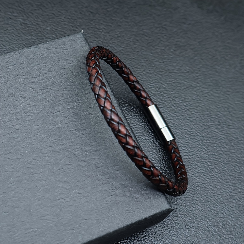 Image of 1pc Men's Fashion Braided Leather Wristband, 6mm Vintage Genuine Leather, No Plating Or Inlay, Couples Bracelet
