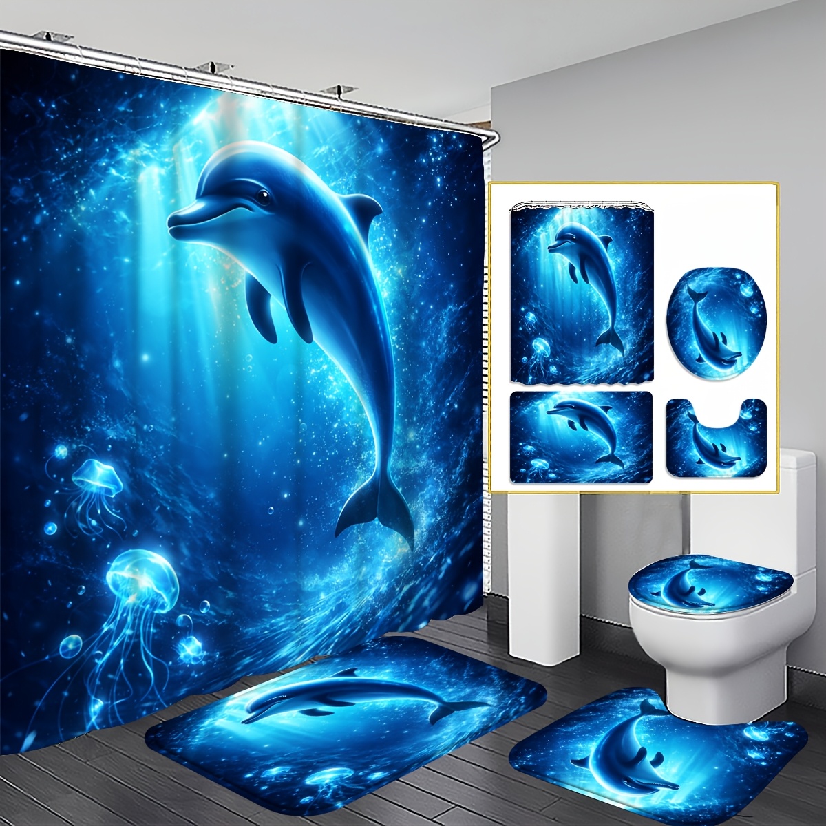 TEMU 2d Flat 4pcs Dolphin Ocean Shower Curtain Set, Blue And Sparkling Dolphin Bathroom Decor, Accessories With Bath Mat, U-shaped Mat, Toilet Lid