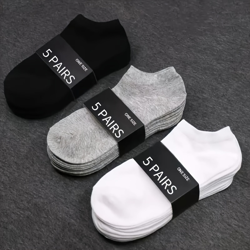 

5pcs Men's Low Cut Ankle Socks In Solid Colors - Soft, Comfortable & Sweat-absorbing, 100% Polyester, Ideal For Outdoor Activities, ,