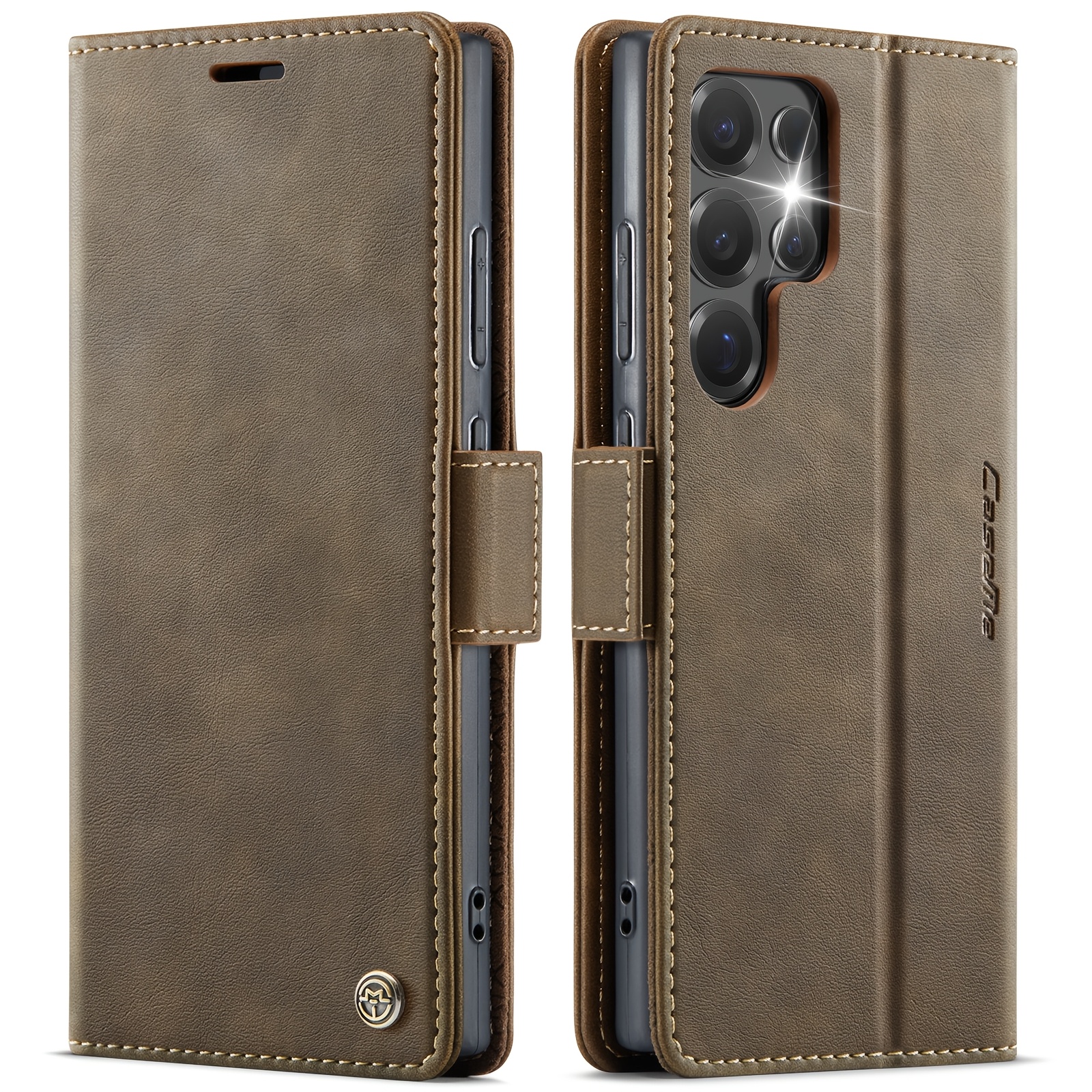 TEMU Phone Case - Small Cow Pattern High-end Texture Men's And Women's Wallet Card Holder Slot Stand Cute Artificial Leather Phone Case For Galaxy