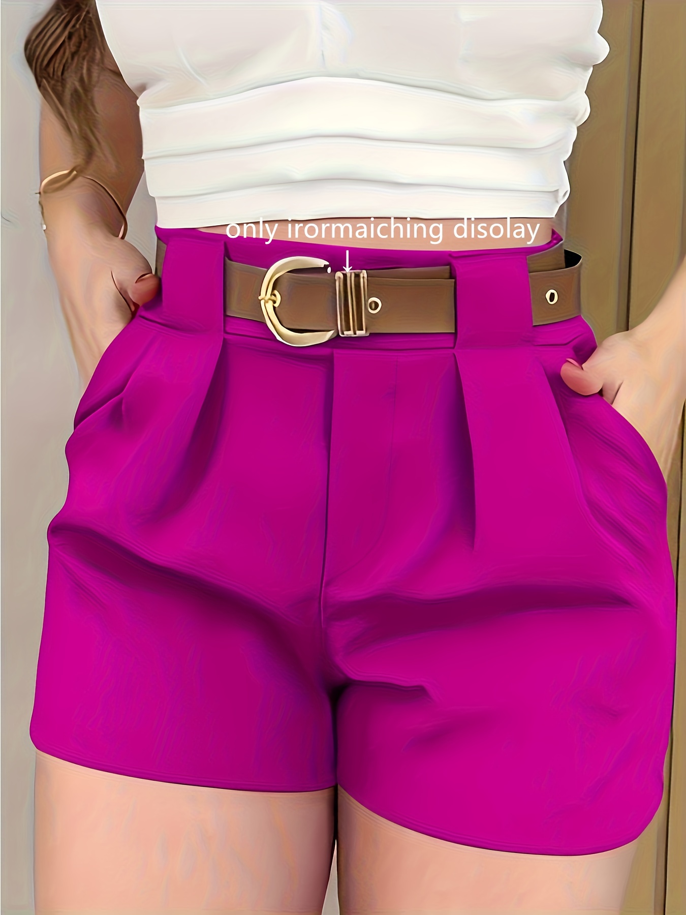 Shorts de Mujer de Color Sólido con Bolsillos Inclinados para Primavera, Verano y Otoño (Cinturón No Incluido) - Fucsia, XL