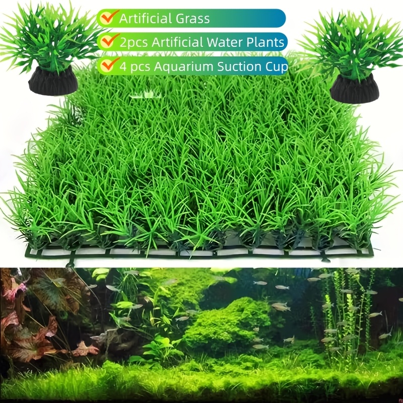 TEMU 7pcs Set (artificial Grass Lawn Turf With 2pcs Aquarium Plants & 4pcs Suction Cups), Fake Synthetic Water Grass Decor Set For Fish Tank Aquarium
